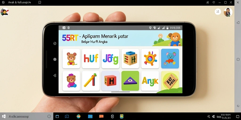 Antarmuka aplikasi 55RT untuk belajar huruf dan angka yang interaktif.